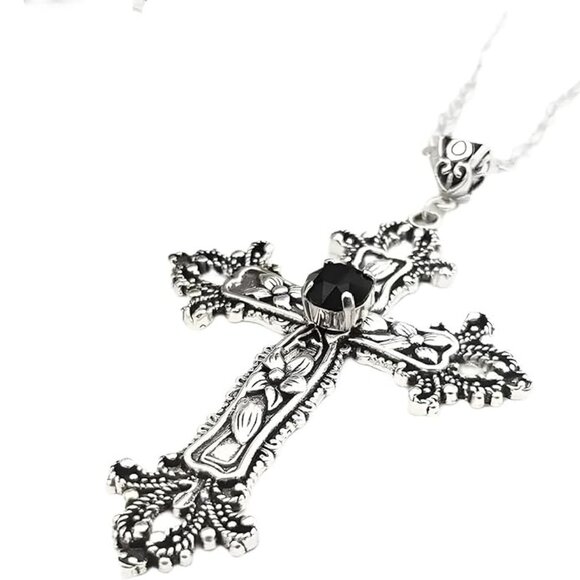 Source Unknown Jewelry - Gothic Cross Fashion Necklace with Black Jewel